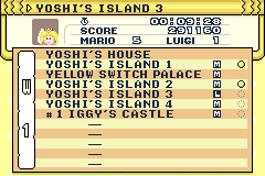 Menu de progresso em Super Mario Advance 2: Super Mario World - GBA