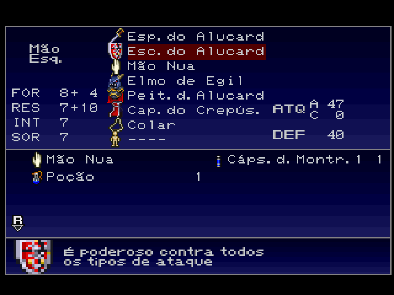 Menu do jogo com itens traduzidos e descrições.