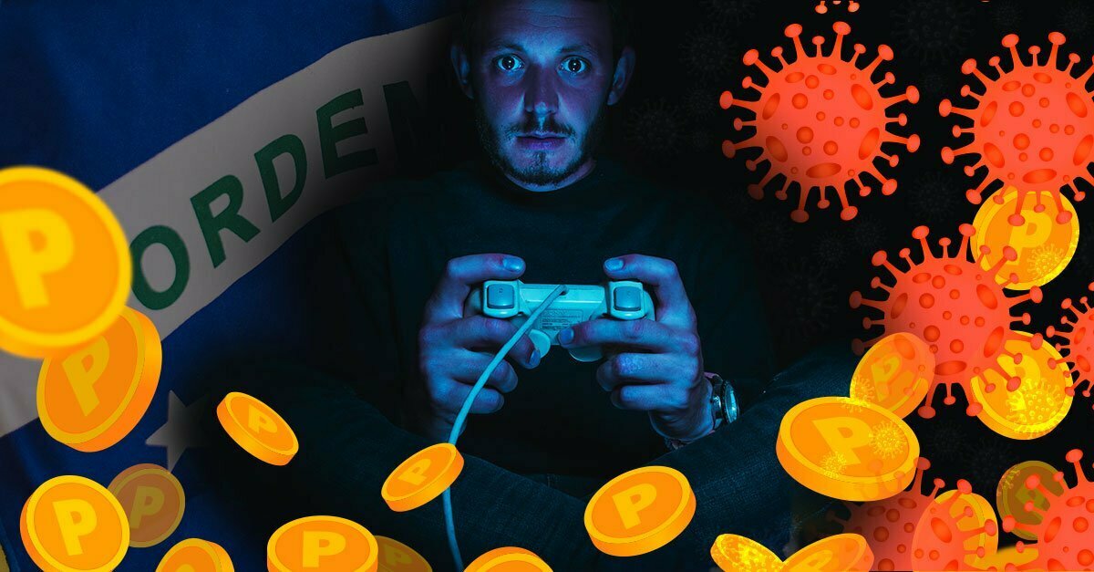 Um jogador assustado no escuro com a bandeira do brasil, moedas caindo e o virus da covid em sua volta