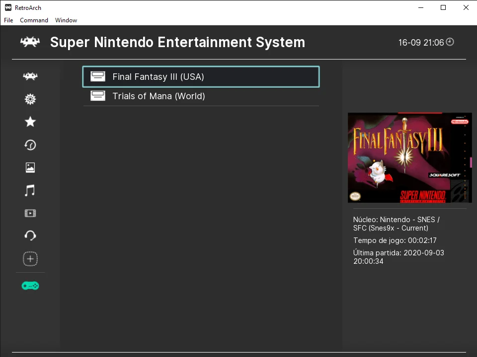 image 2 9 Imagem do Retroarch com uma lista de núcleos (cores para selecionar) nele está selecionado a opção SNES / SFC (Snes 9x 2005 Plus)