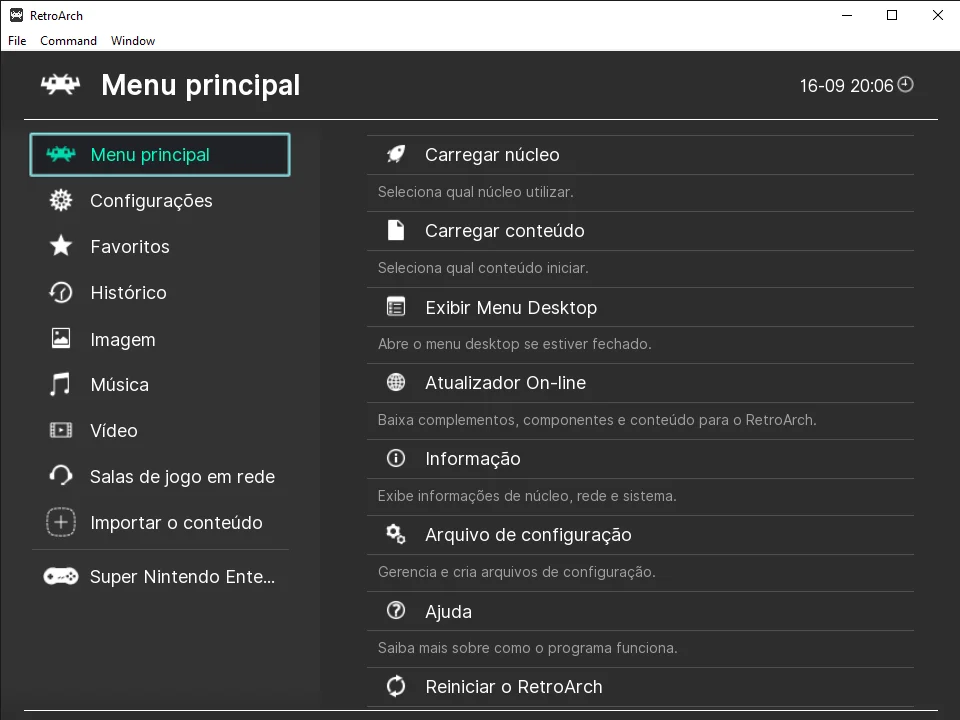 image 3 5 Imagem do Retroarch exibindo suas opções no menu iniciar