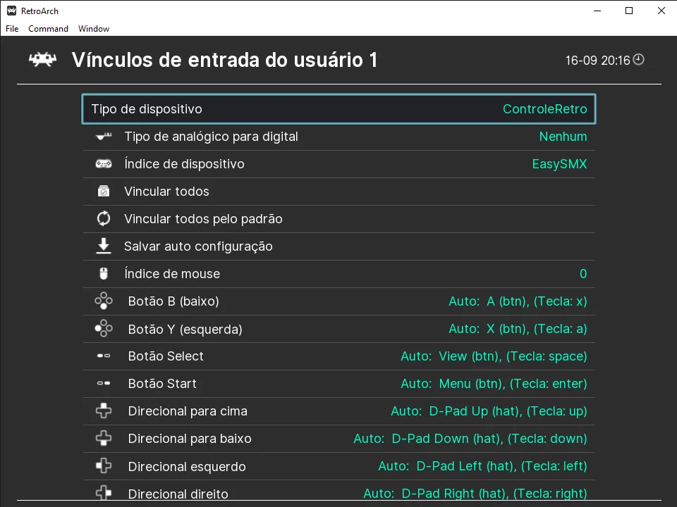 image 5 8 Tela de configuração de controles no Retroarch. Exibindo as opções de botões do controle.