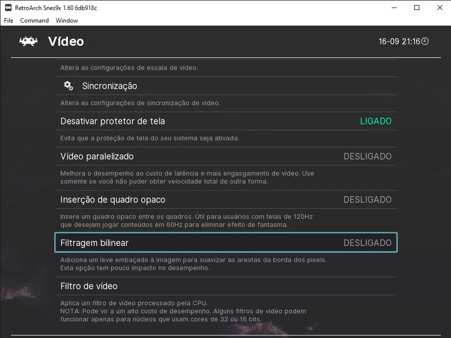 image 7 14 Imagem do emulador com as opções de video e a filtragem bilinear desligada.