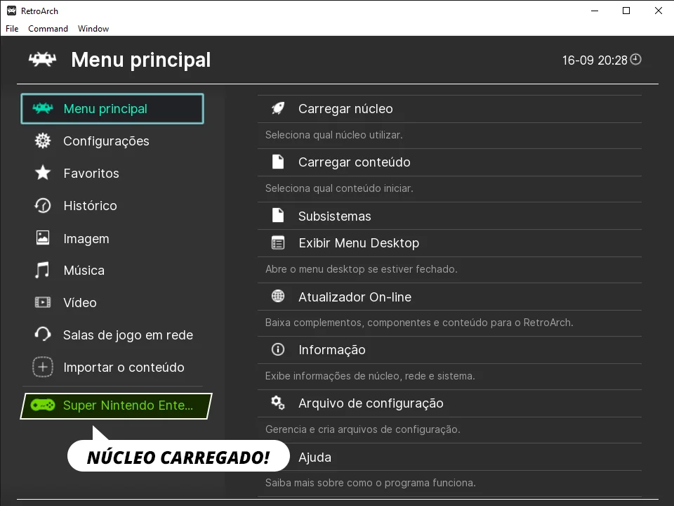 image 8 10 Um balão de fala com os dizeres NÚCLEO CARREGADO! exibido no Retroarch