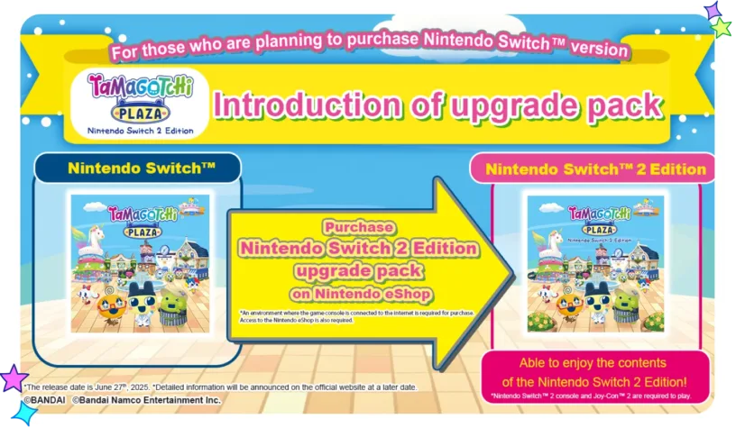 Tamagotchi Plaza já está disponível Os jogadores do Nintendo Switch 2 que já possuem a versão do Tamagotchi Plaza para Switch podem acessar o conteúdo exclusivo ao obter o pacote de atualização Tamagotchi Plaza Nintendo Switch 2, permitindo-os a baixar as novidades no novo console.
